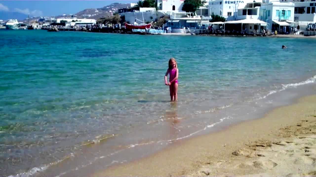 Video thumbnail showing: A young girl wades around in the shallow water by a beach. A boy runs toward the water on the beach and a pelican flies into his head.